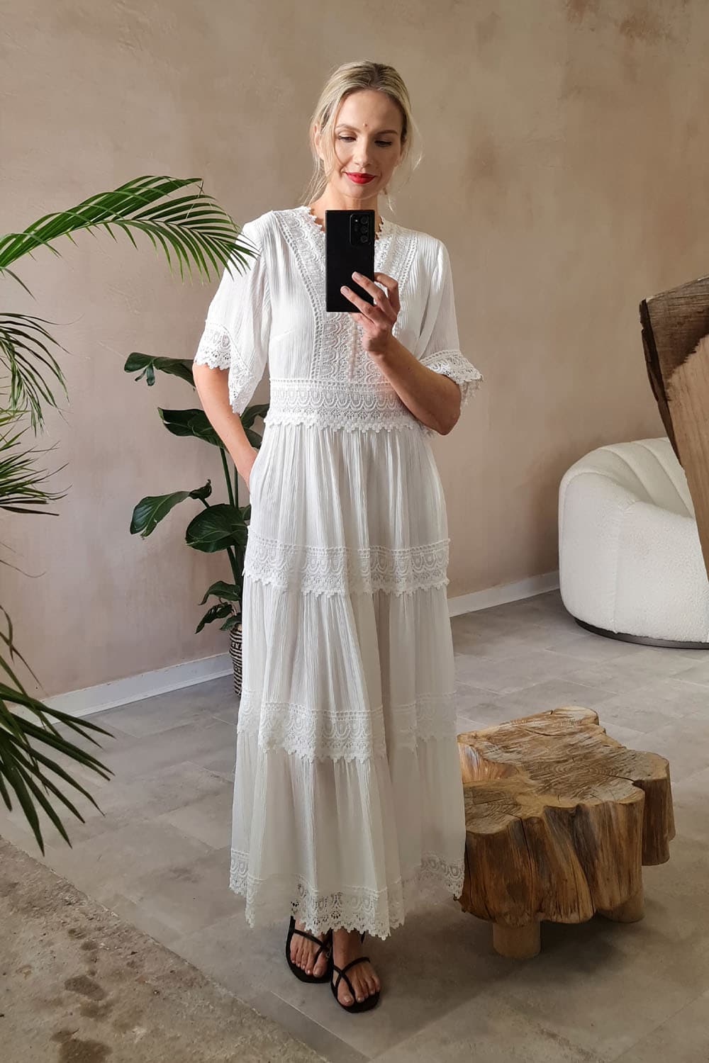 Short Sleeve Crochet Maxi Dress Styled View