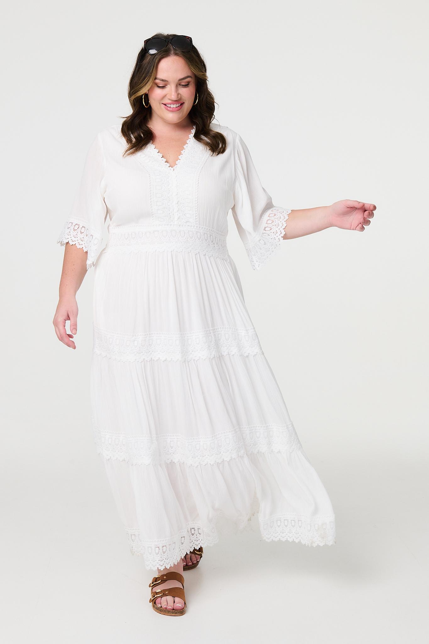 Short Sleeve Crochet Maxi Dress Front View 2