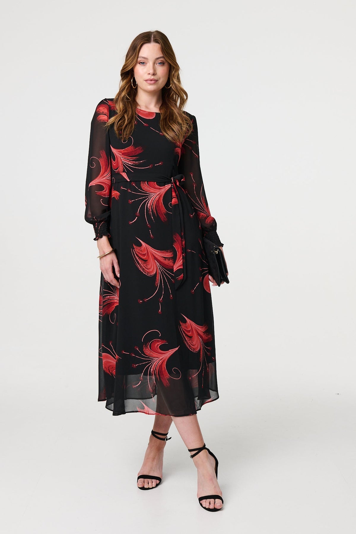 Tropical Print Mesh Layered Midi Dress Front View