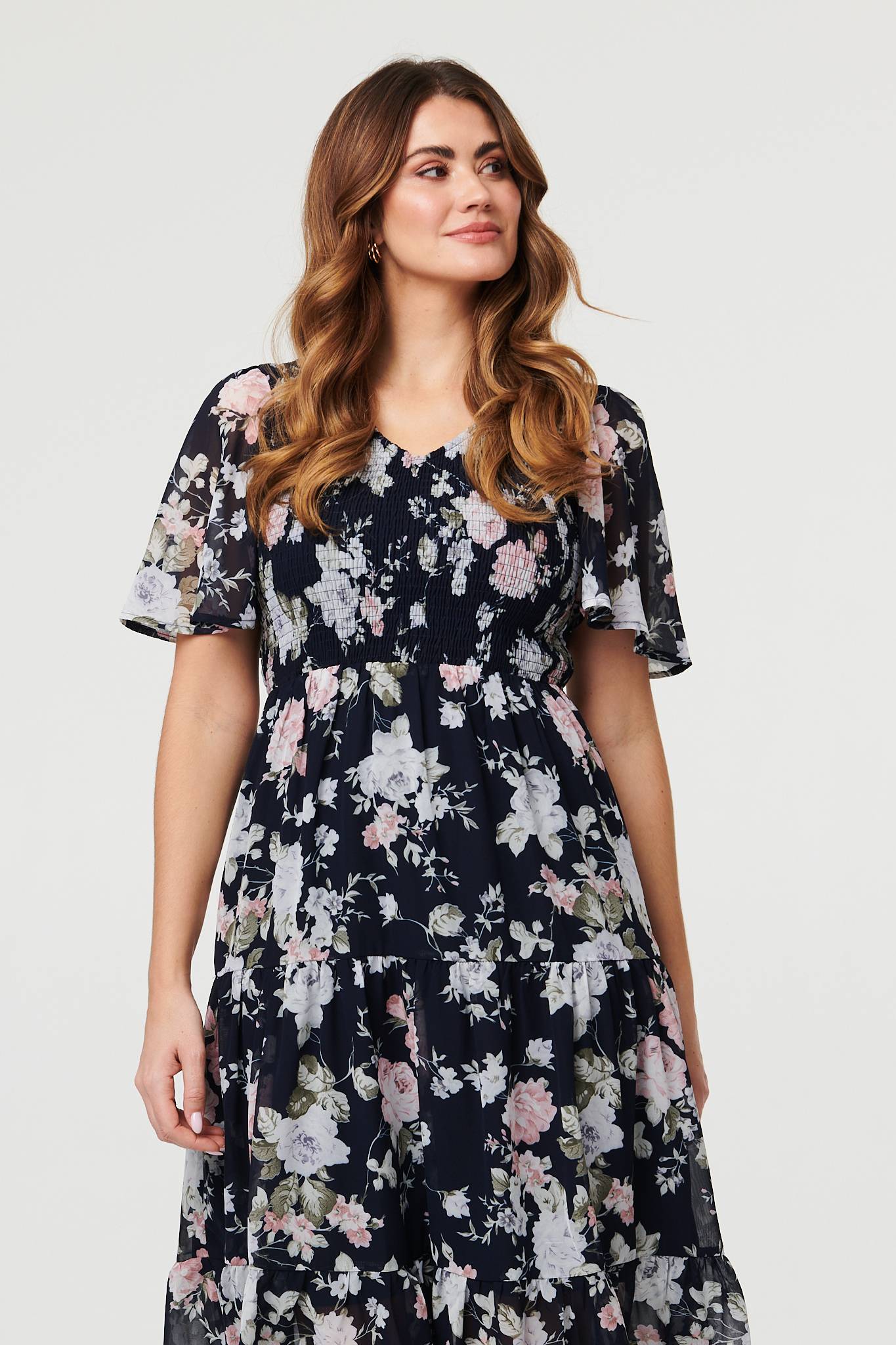 Floral Ruched Angel Sleeve Midi Dress Detail View