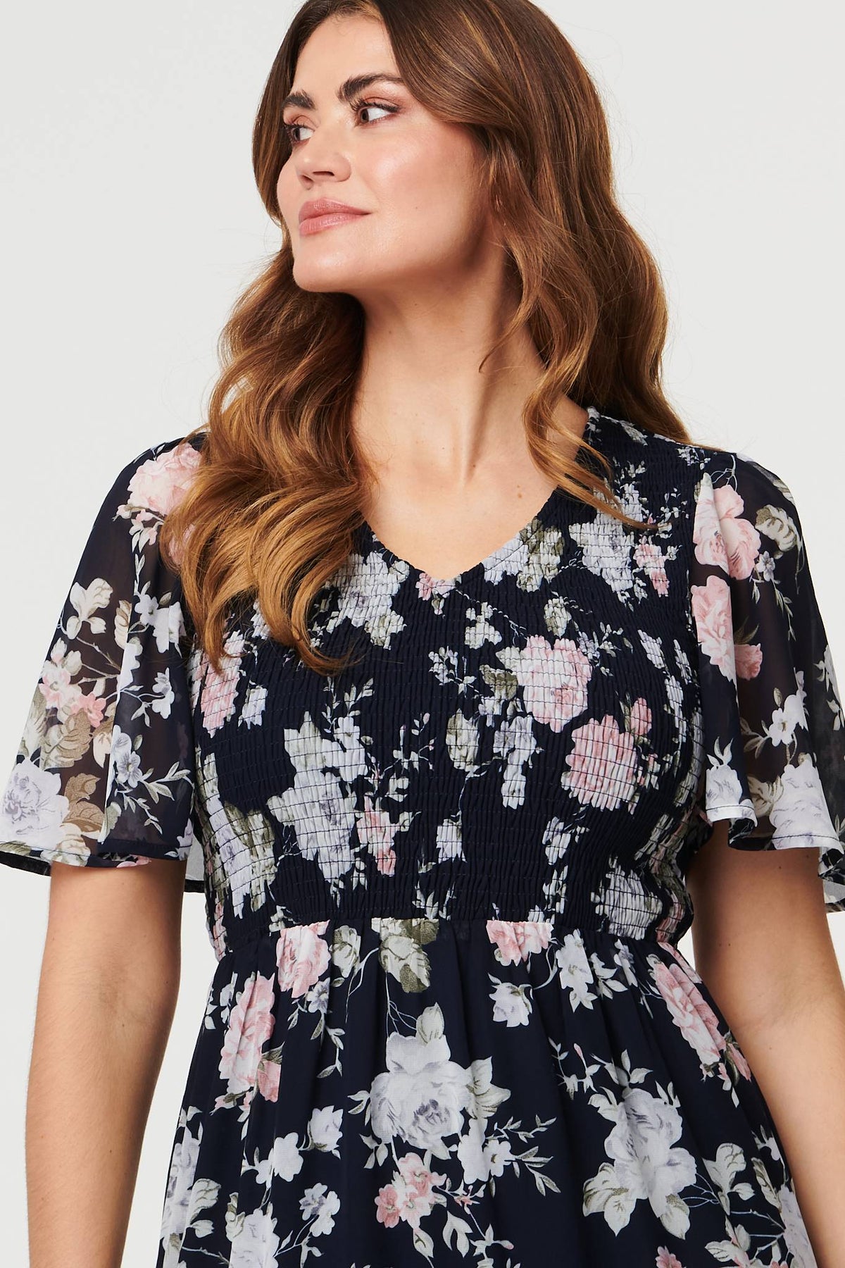 Floral Ruched Angel Sleeve Midi Dress Styled View