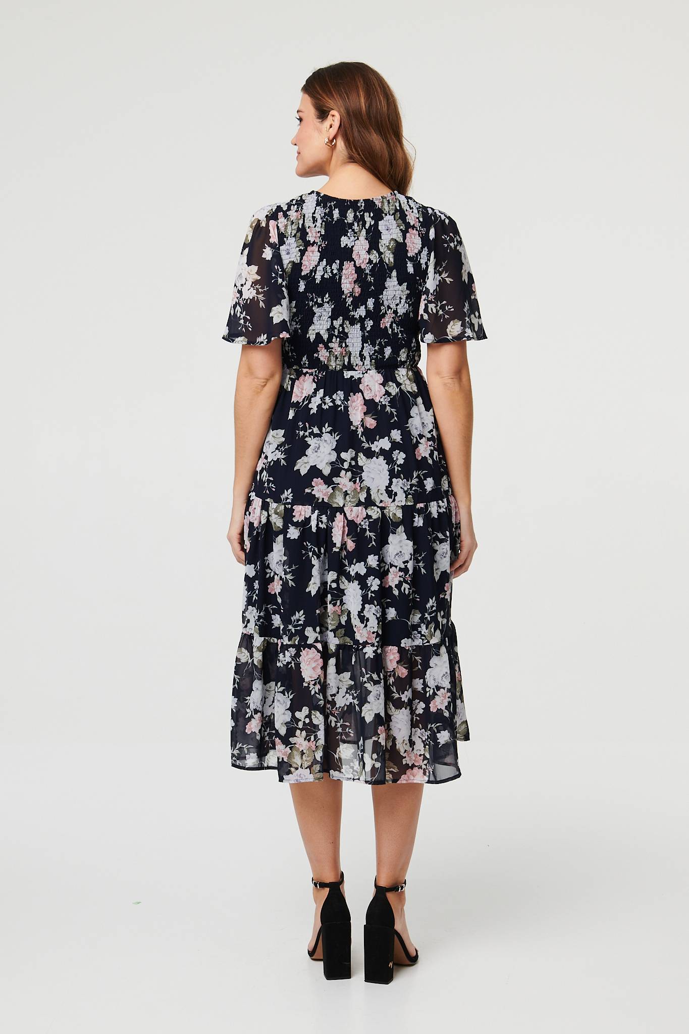 Floral Ruched Angel Sleeve Midi Dress Side View