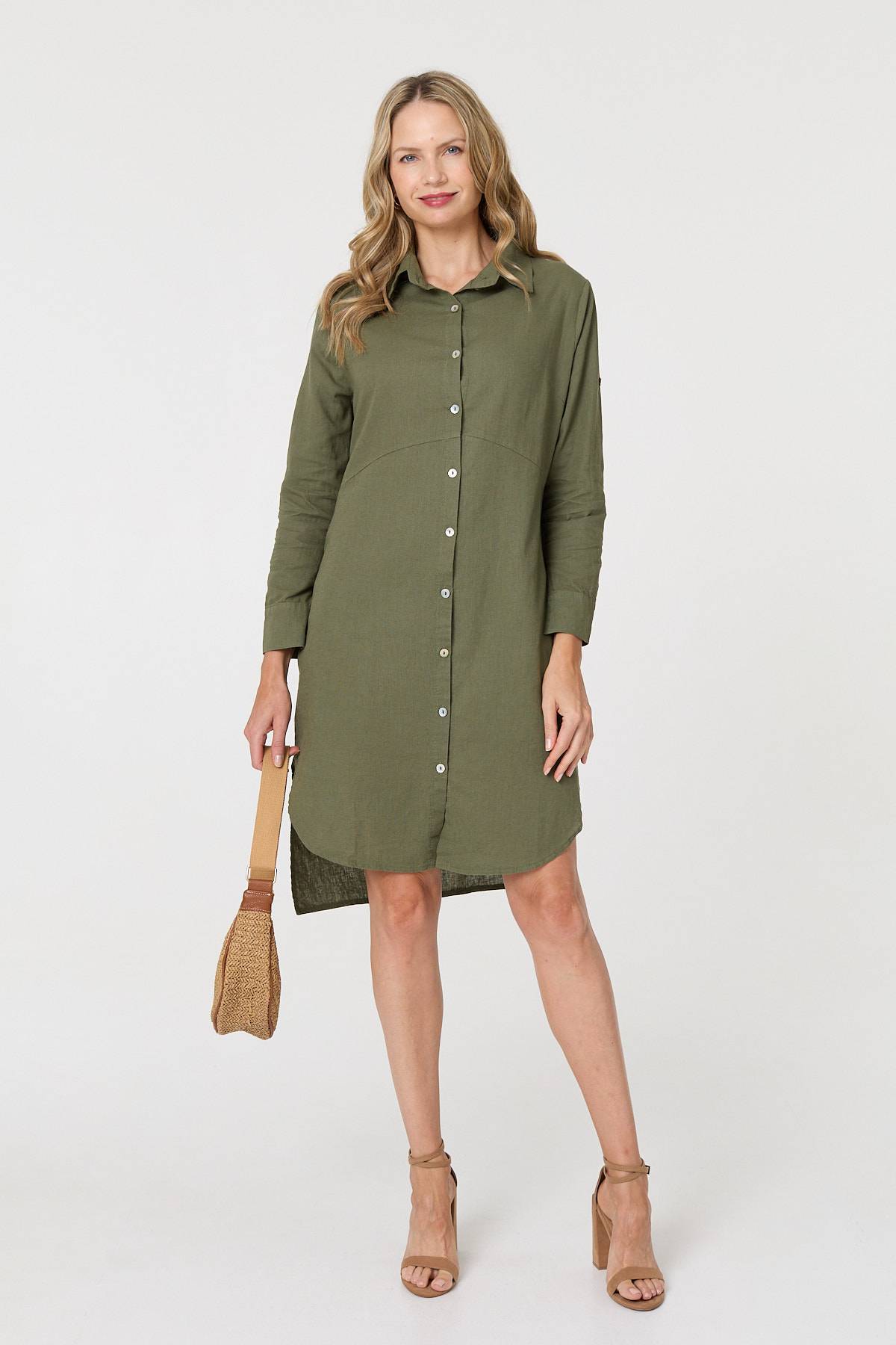 Long Sleeve Split Hem Midi Shirt Dress Full Length View 2