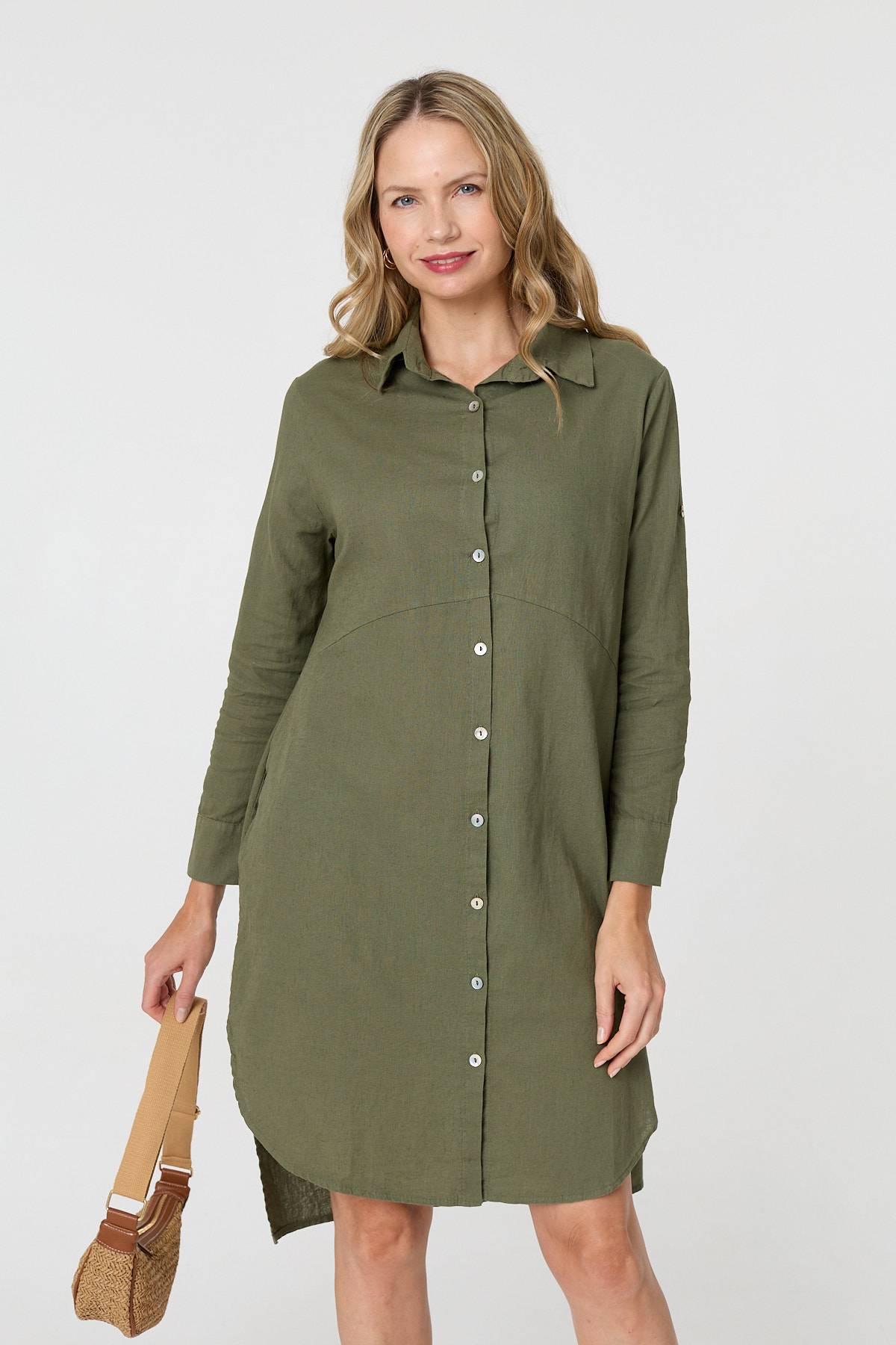 Long Sleeve Split Hem Midi Shirt Dress Styled View 2