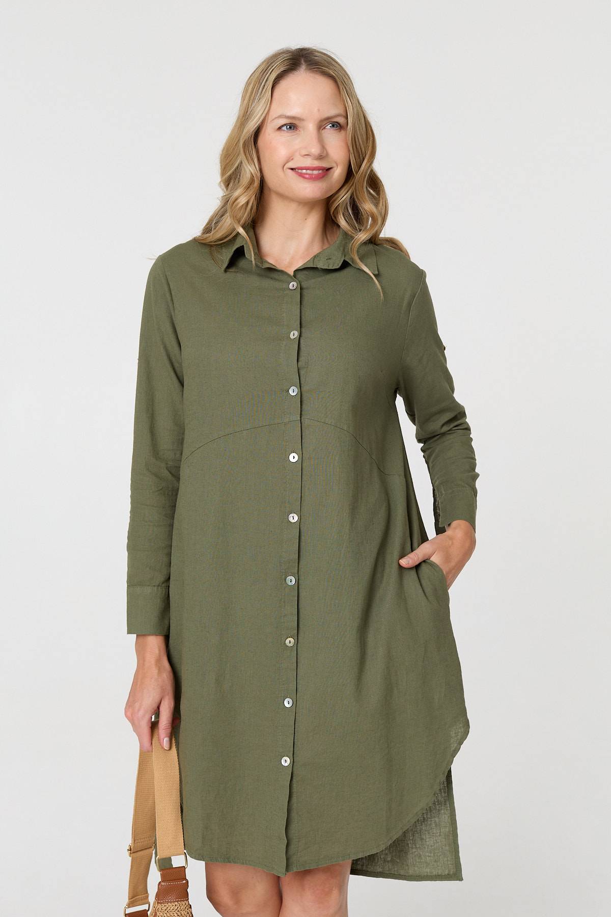 Long Sleeve Split Hem Midi Shirt Dress Front View 3