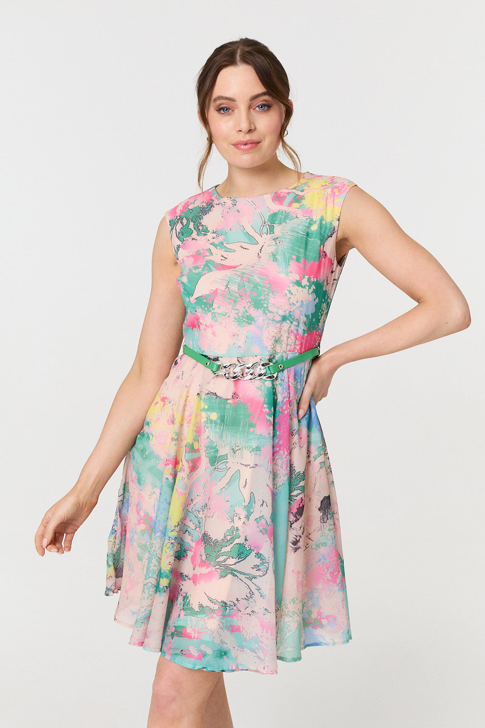 Printed Sleeveless Short Skater Dress Front View