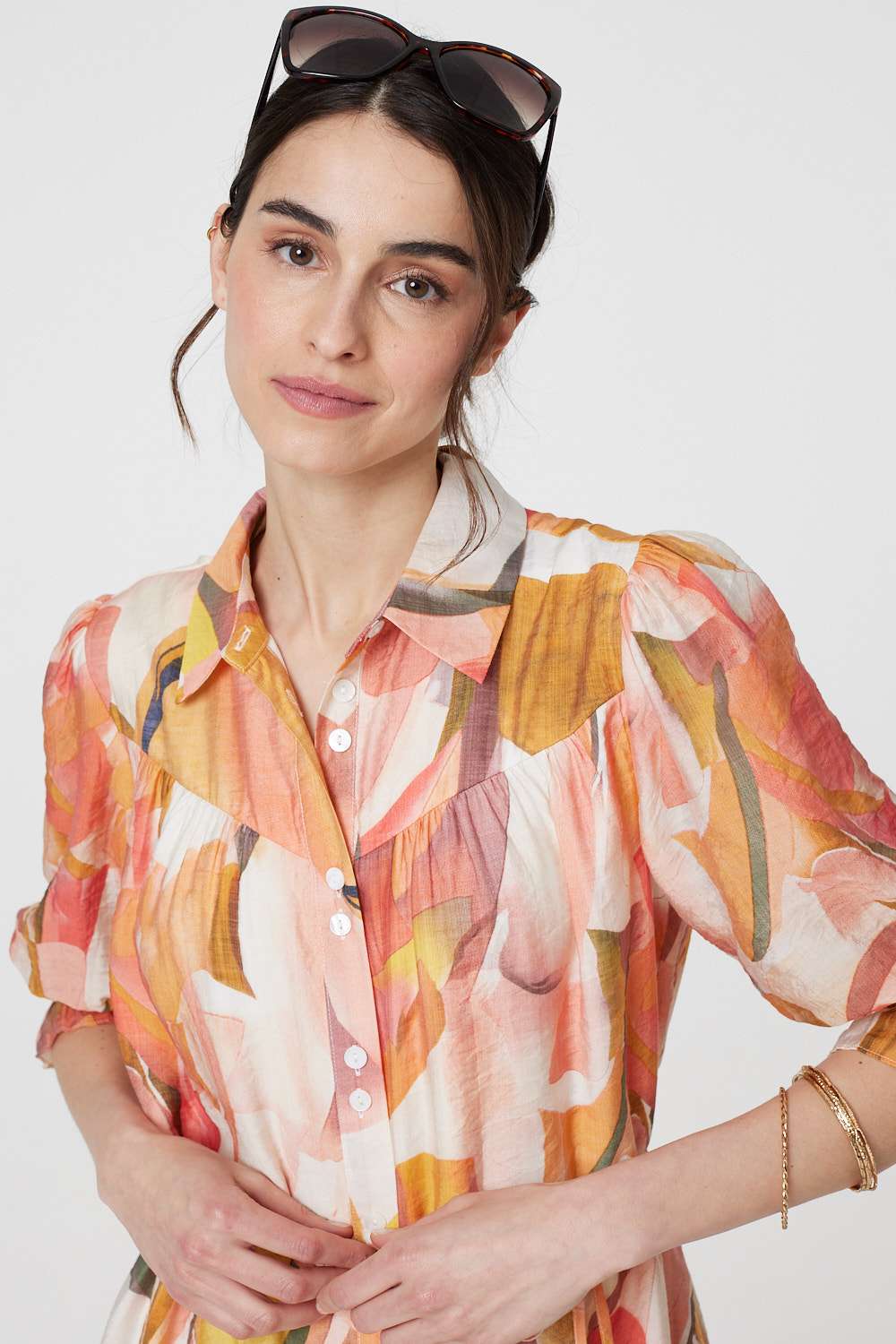 Printed 3/4 Puff Sleeve Shirt Dress Styled View
