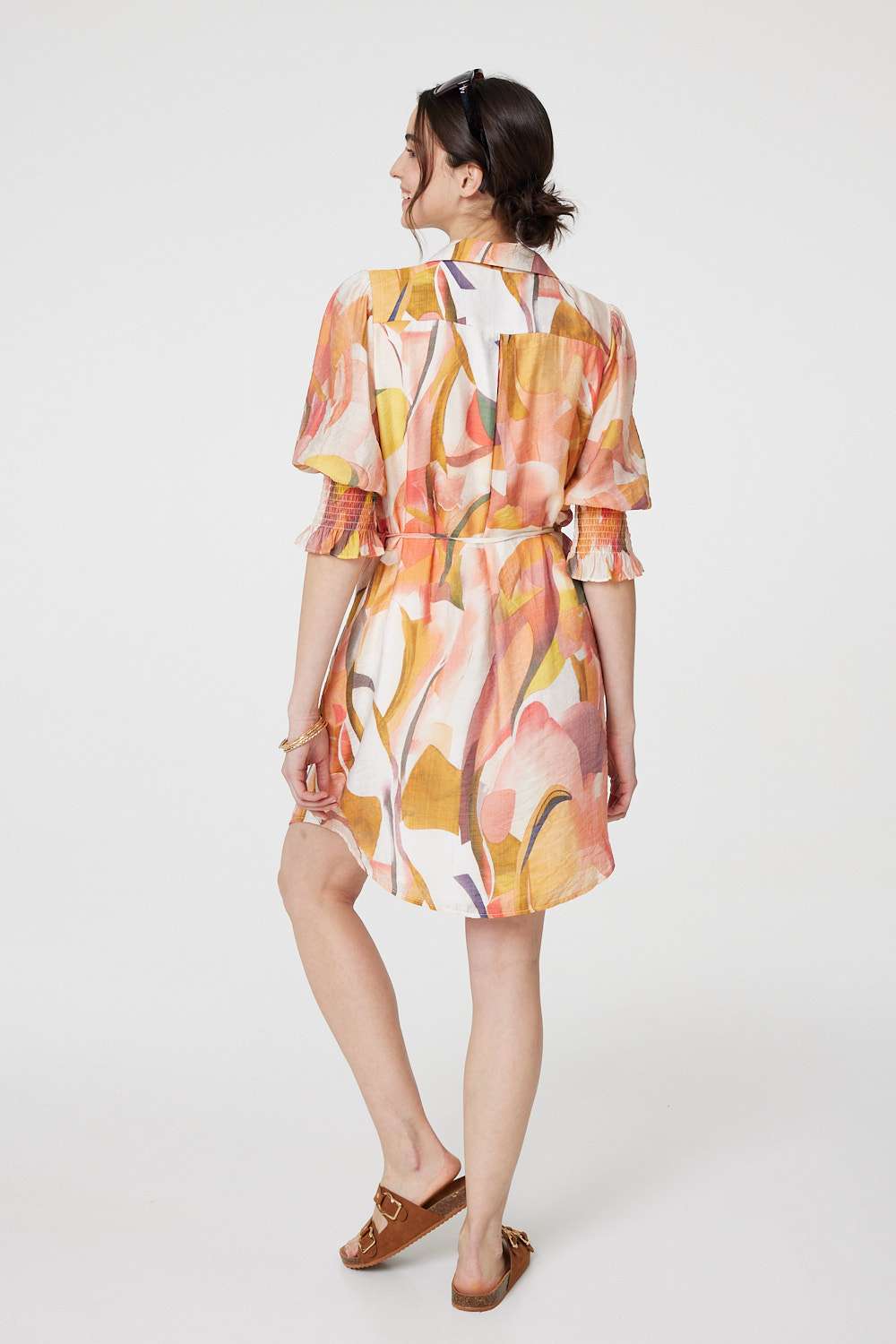 Printed 3/4 Puff Sleeve Shirt Dress Side View