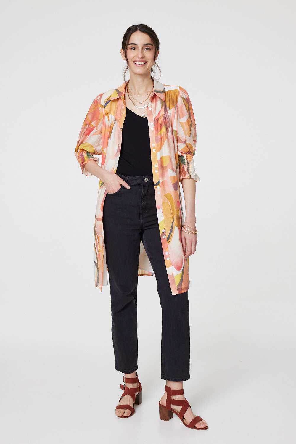 Printed 3/4 Puff Sleeve Shirt Dress Full Length View