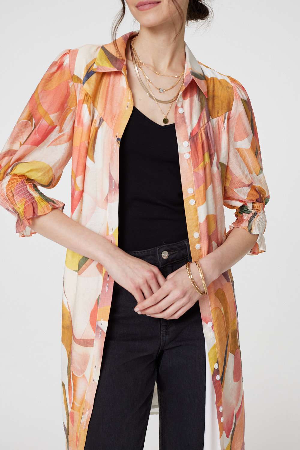 Printed 3/4 Puff Sleeve Shirt Dress Side View 2