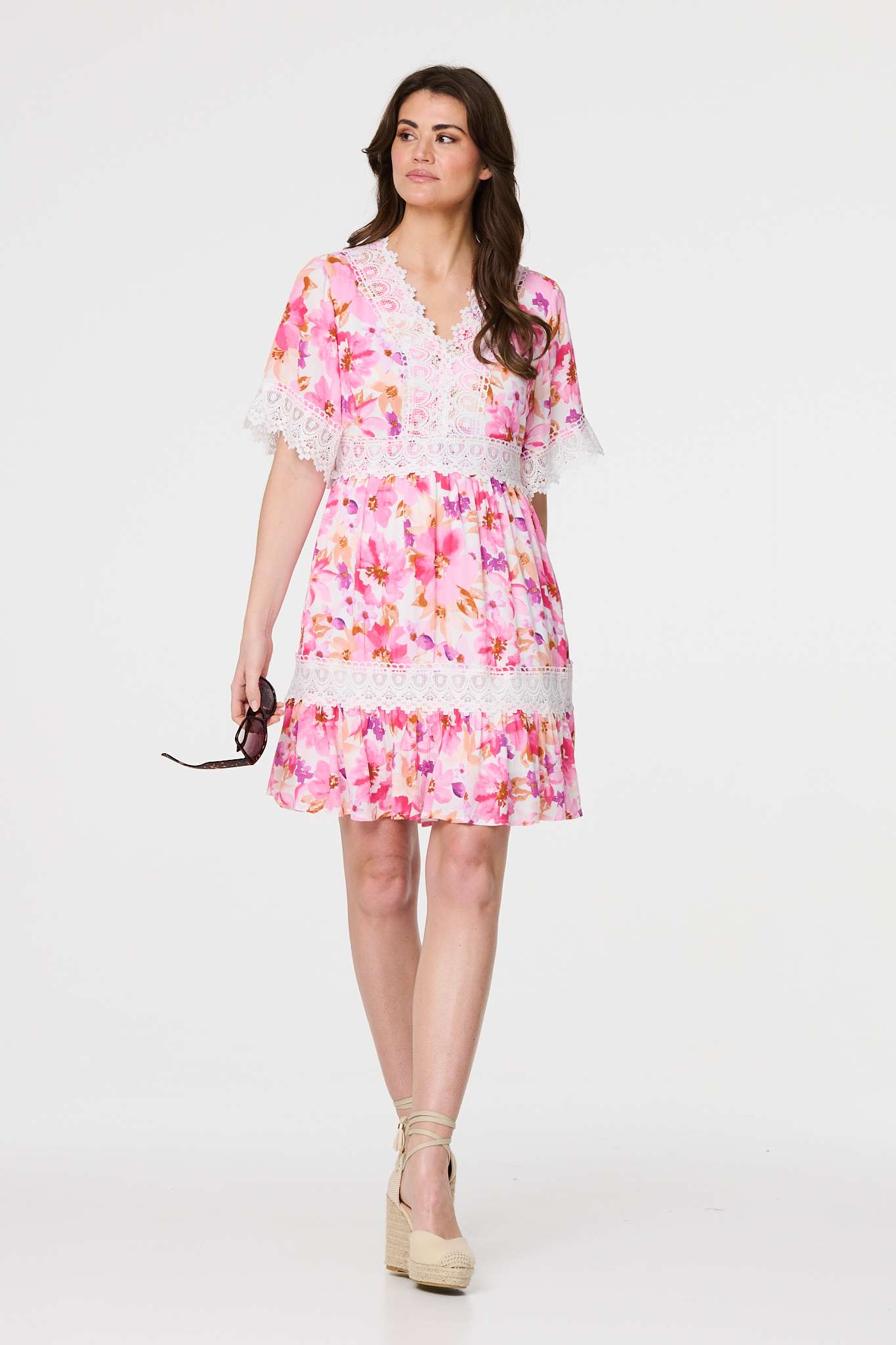 Floral Lace 1/2 Sleeve Short Dress Front View 2