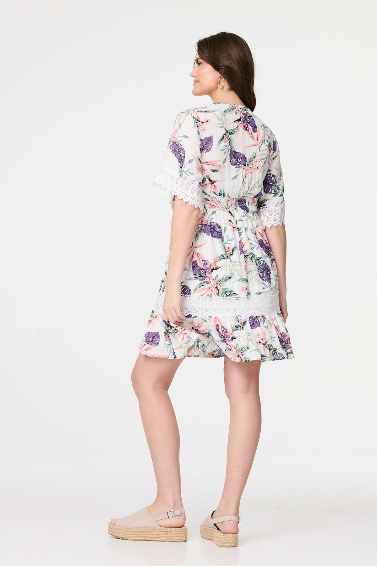 Leaf Print Lace Trim Short Dress Side View