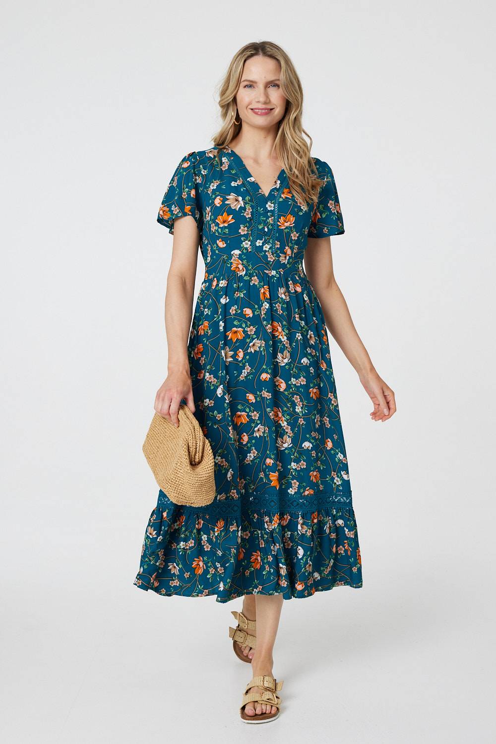 Floral Lace Trim Short Sleeve Midi Dress Back View