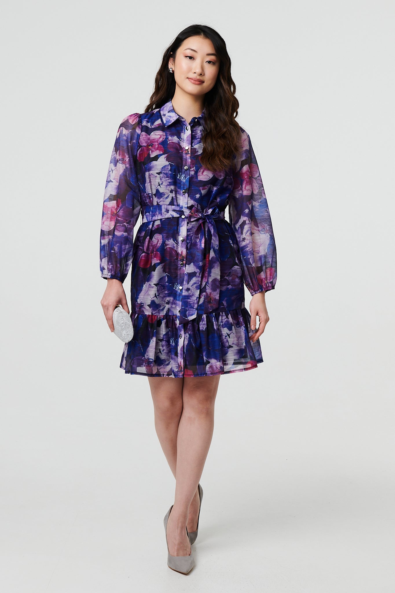 Floral Tie Waist Mini Shirt Dress Styled View