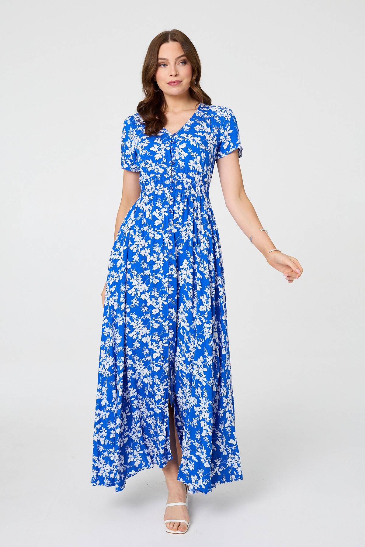 Ditsy Floral Shirred V-Neck Maxi Dress Detail View
