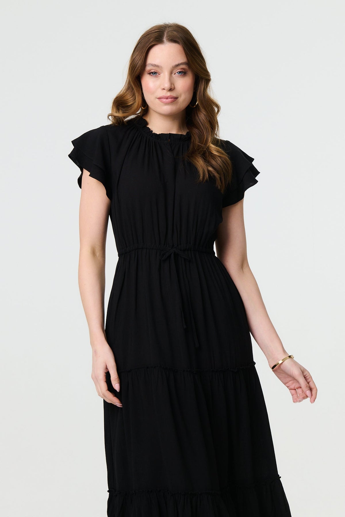 Ruched Tiered Cap Sleeve Midi Dress Side View