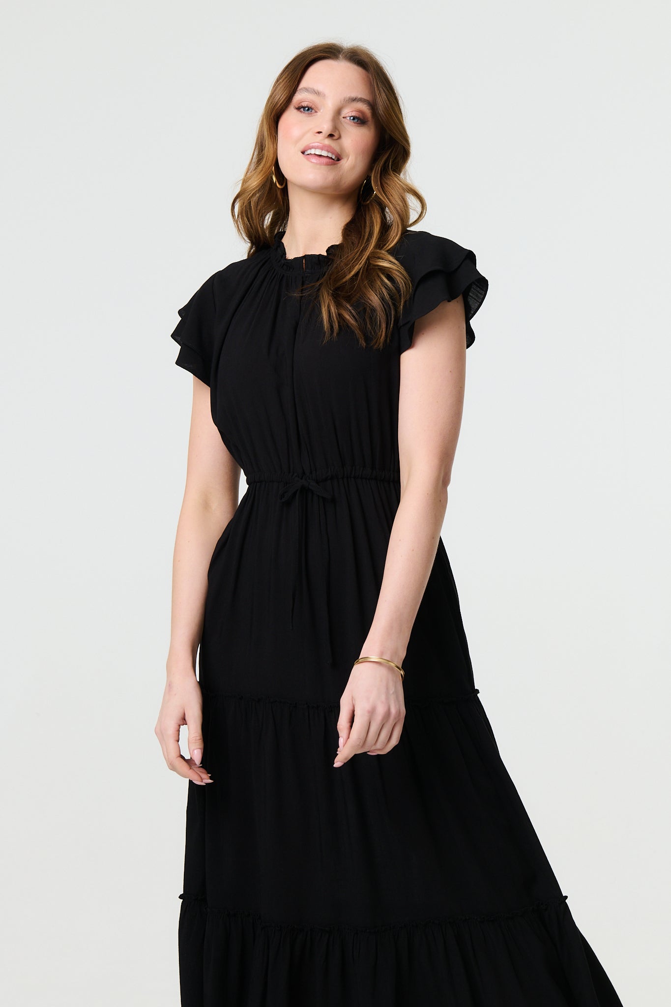 Ruched Tiered Cap Sleeve Midi Dress Styled View