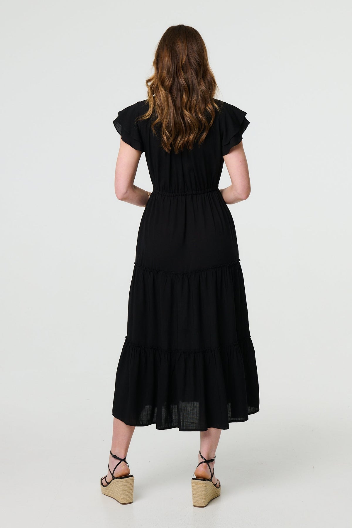 Ruched Tiered Cap Sleeve Midi Dress Back View