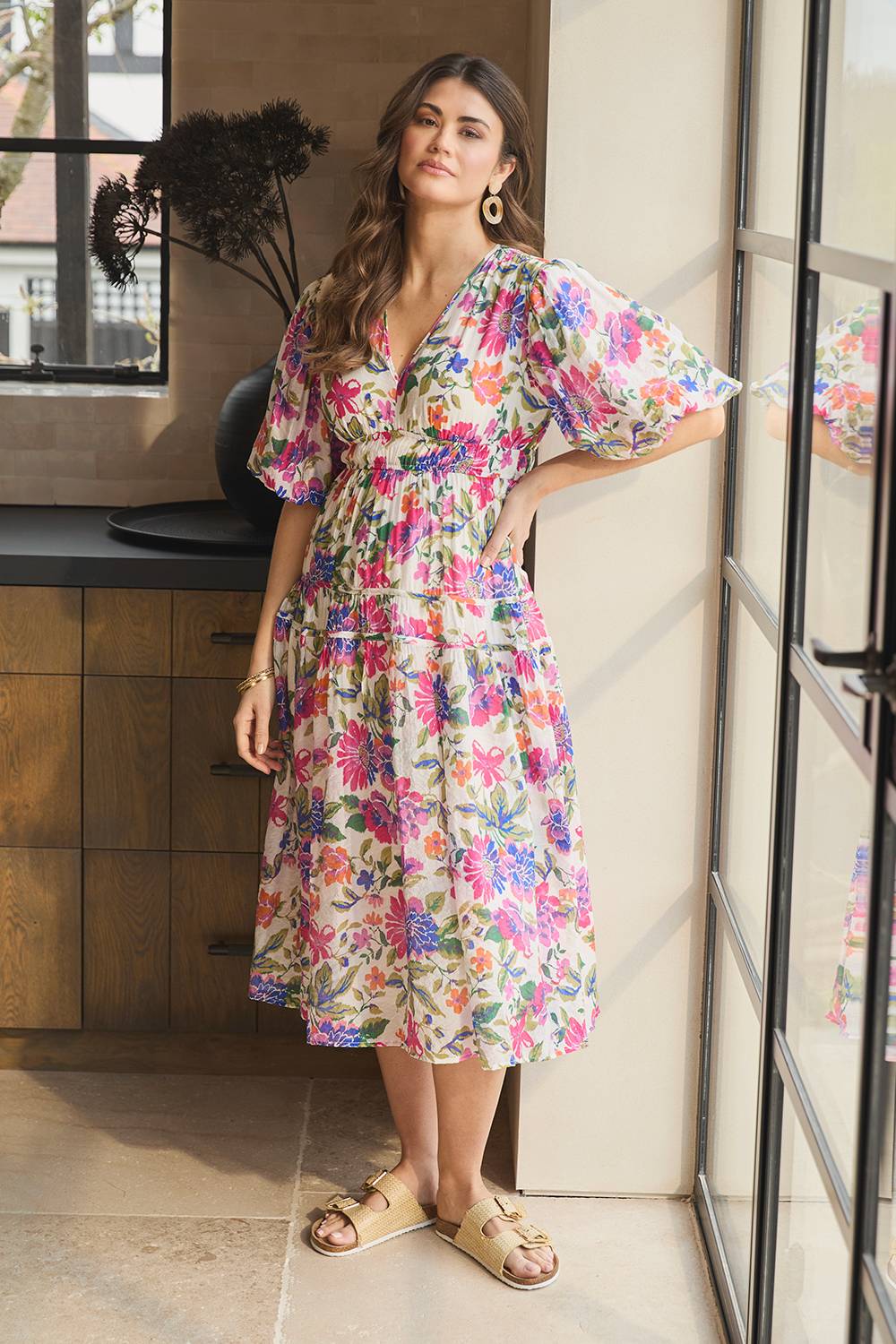 Floral 1/2 Puff Sleeve Midi Dress Front View