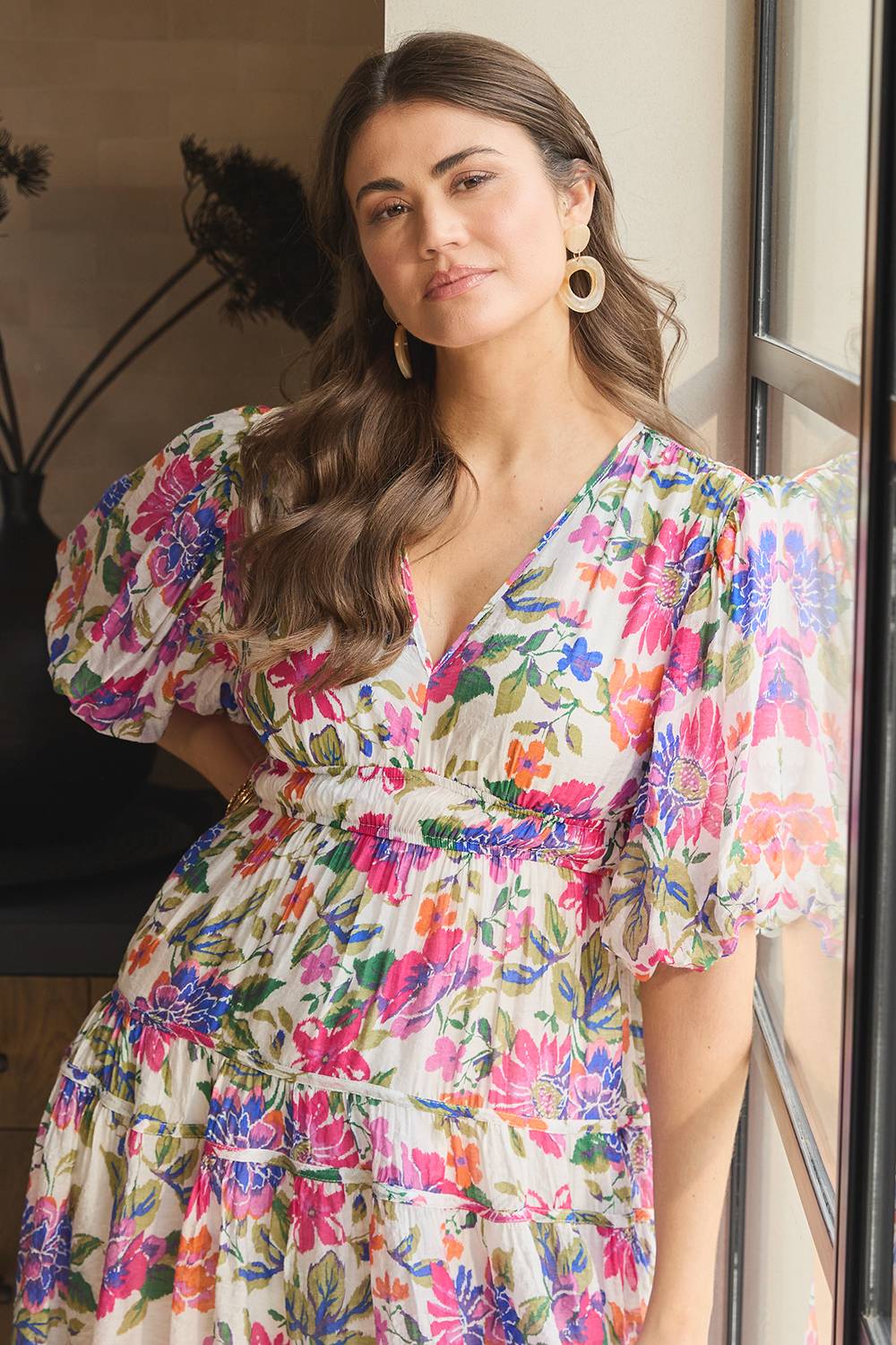 Floral 1/2 Puff Sleeve Midi Dress Back View