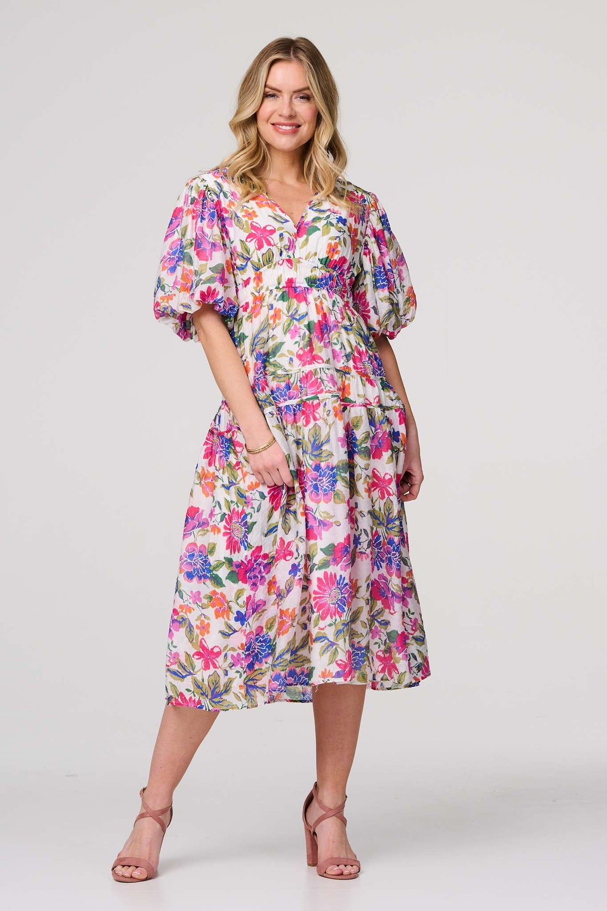 Floral 1/2 Puff Sleeve Midi Dress Back View 2