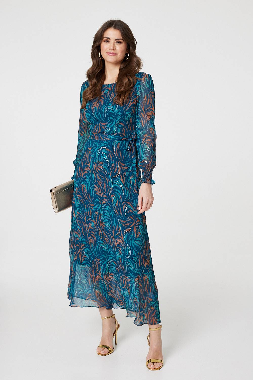 Abstract Long Sheer Sleeve Maxi Dress Side View