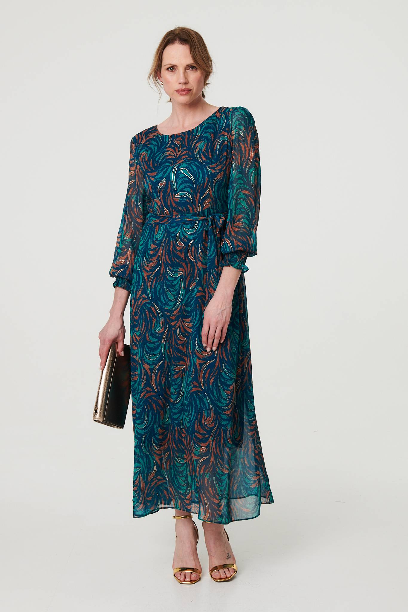 Abstract Long Sheer Sleeve Maxi Dress Front View