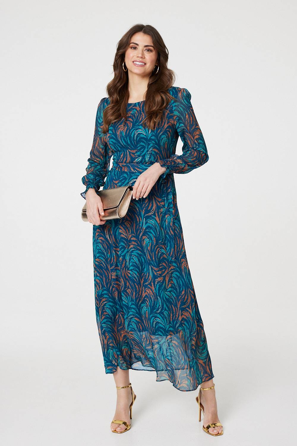 Abstract Long Sheer Sleeve Maxi Dress Full Length View