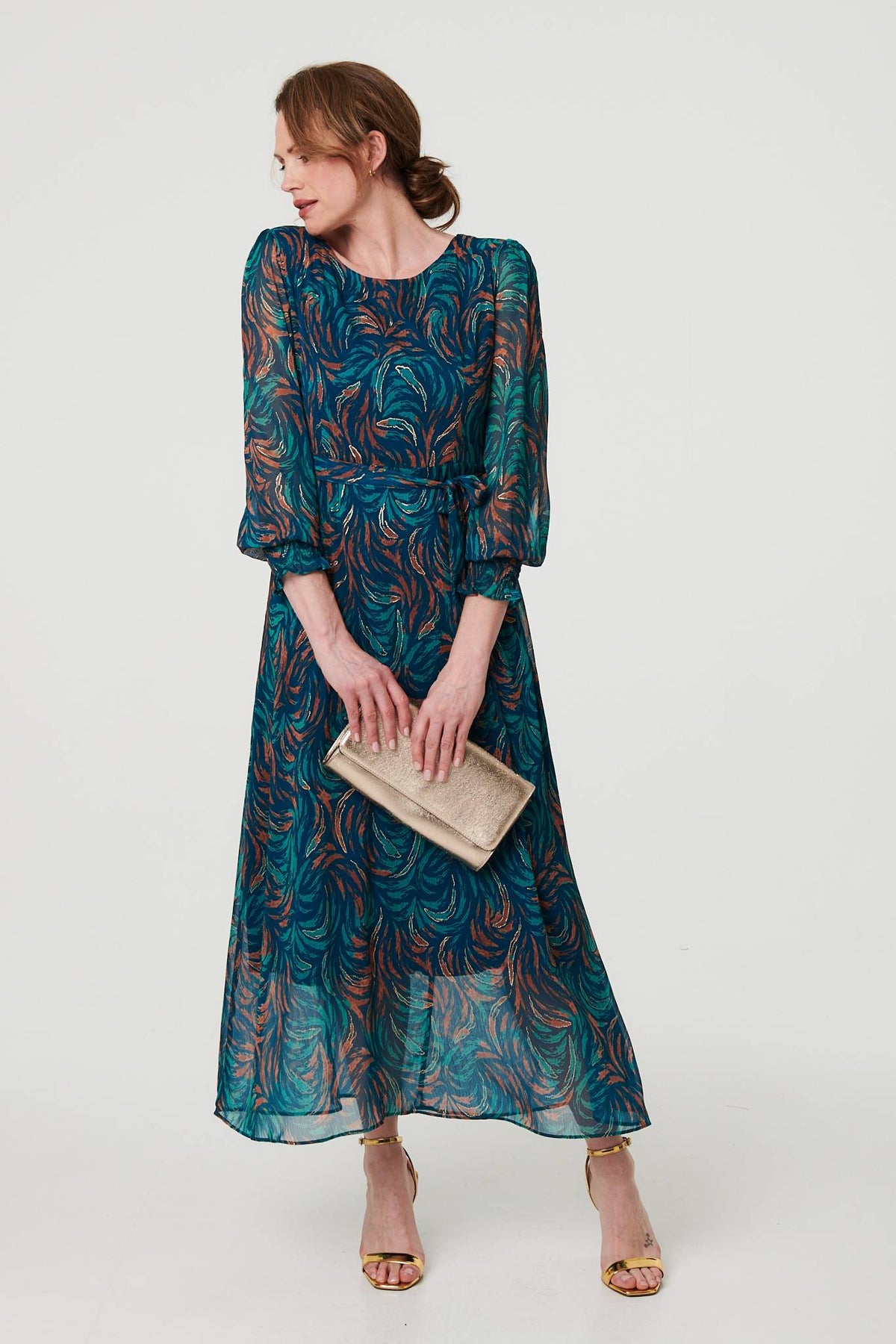 Abstract Long Sheer Sleeve Maxi Dress Back View 2