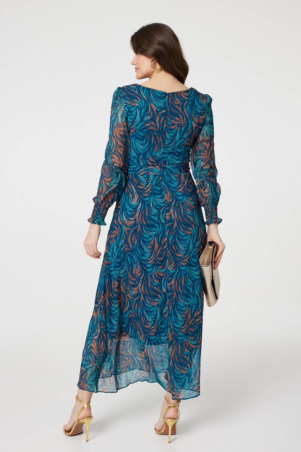 Abstract Long Sheer Sleeve Maxi Dress Side View 2