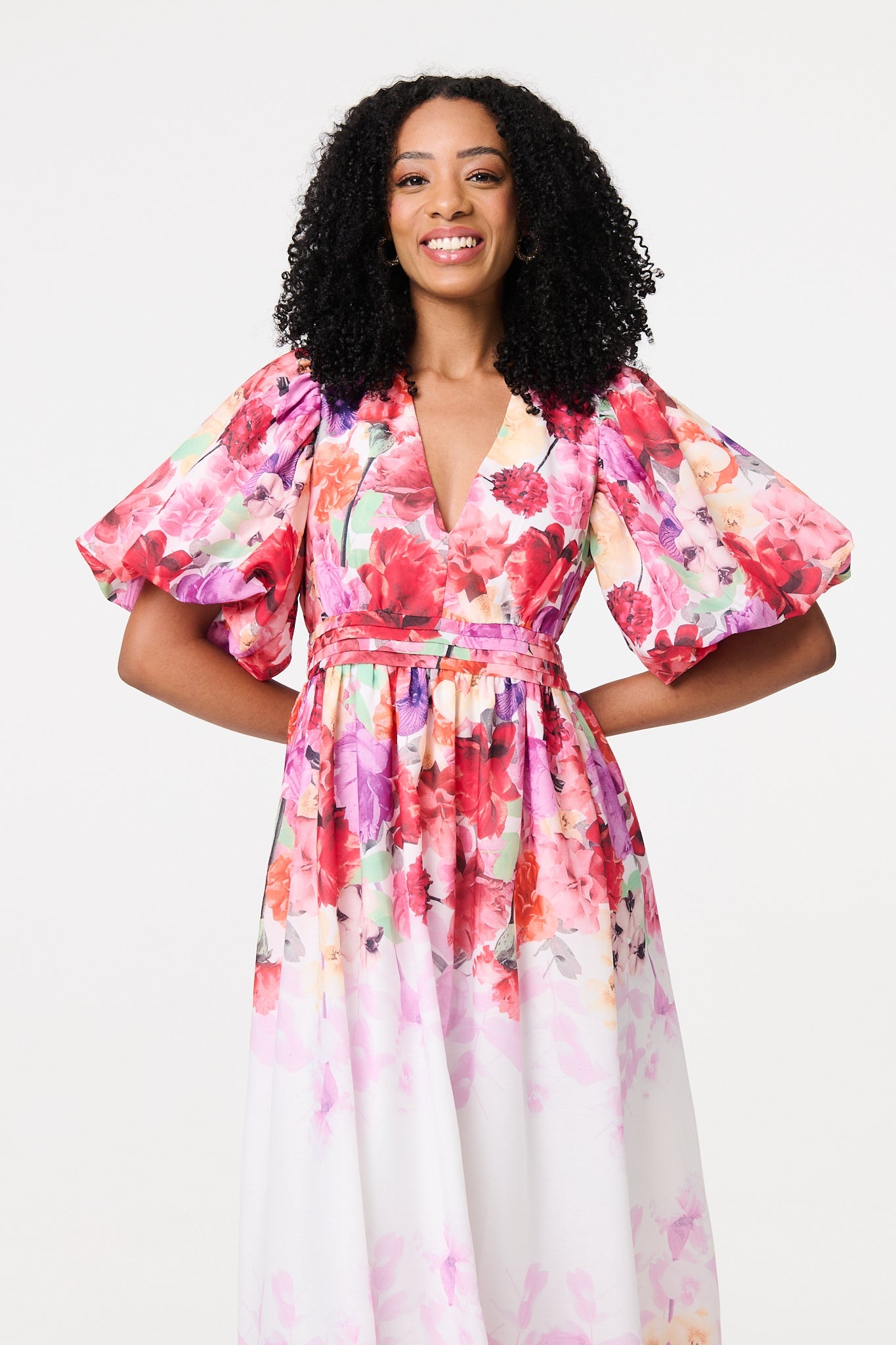 Floral Print 1/2 Angel Sleeve Midi Dress Styled View
