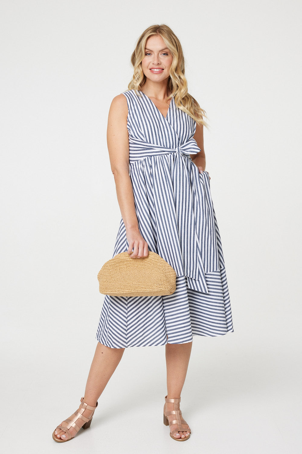 Striped Tie Waist Tiered Midi Dress Detail View
