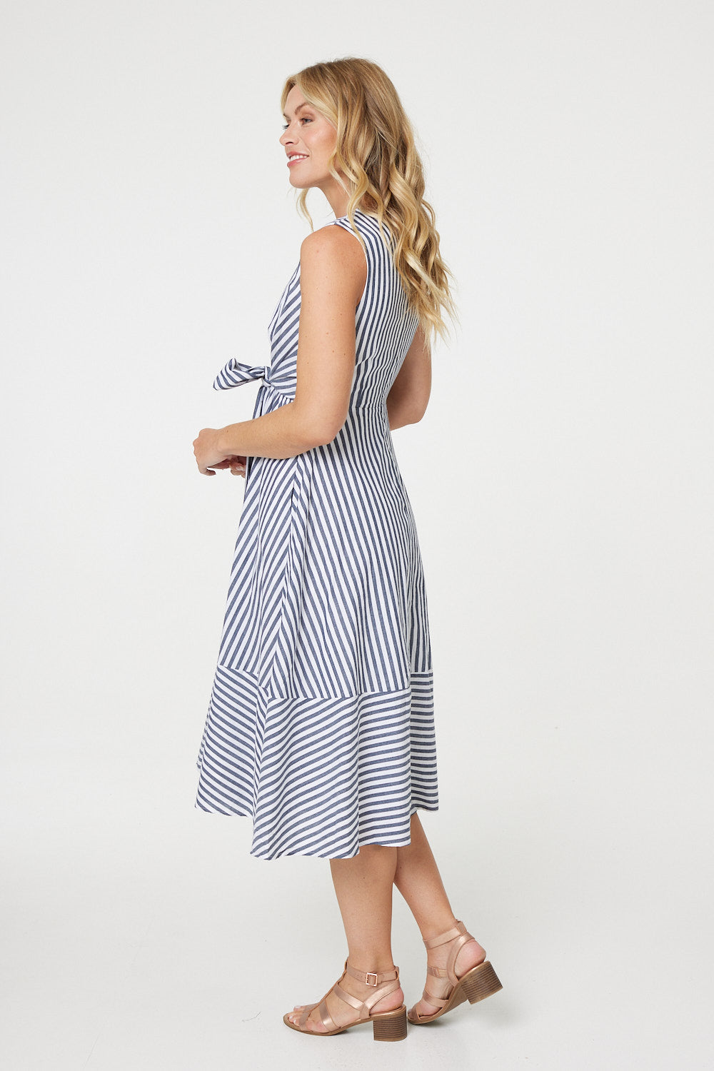Striped Tie Waist Tiered Midi Dress Side View