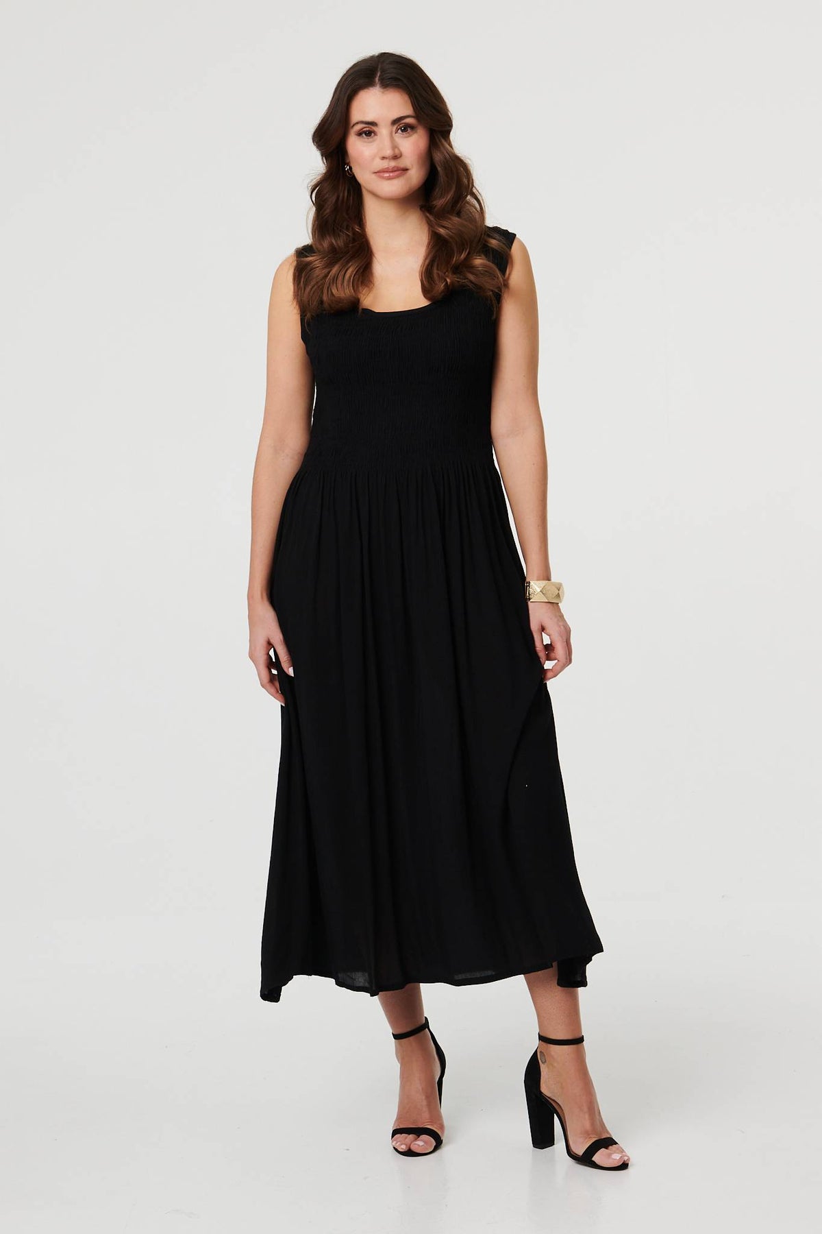 Sleeveless Scoop Neck Shirred Midi Dress Styled View