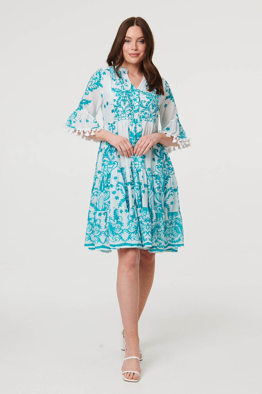 Printed Tassel Sleeve Knee Length Dress Front View