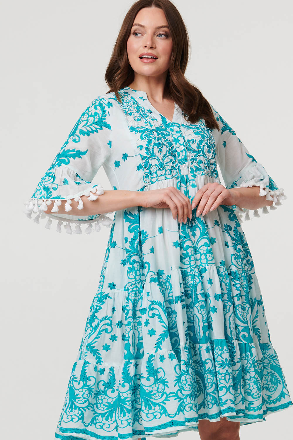 Printed Tassel Sleeve Knee Length Dress Front View 2