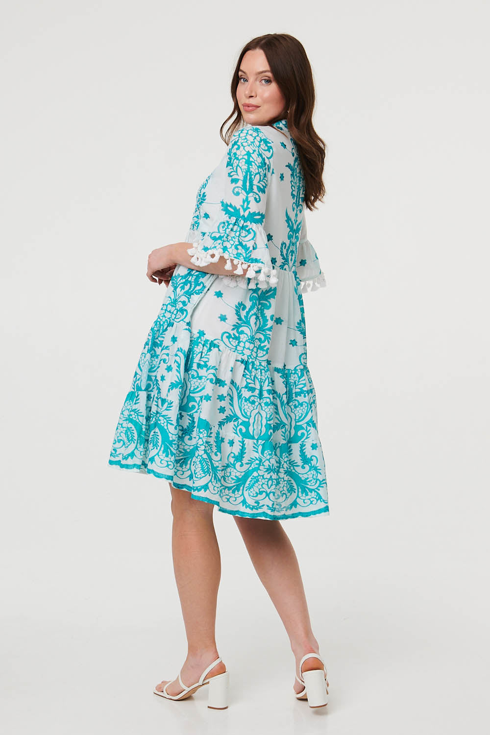 Printed Tassel Sleeve Knee Length Dress Styled View