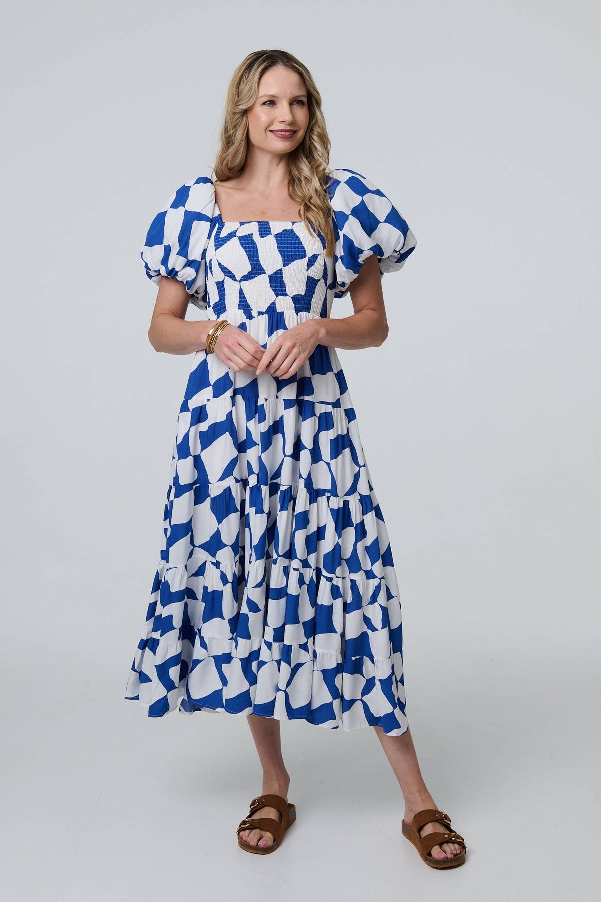 Printed Puff Sleeve Bardot Smock Midi Dress Full Length View