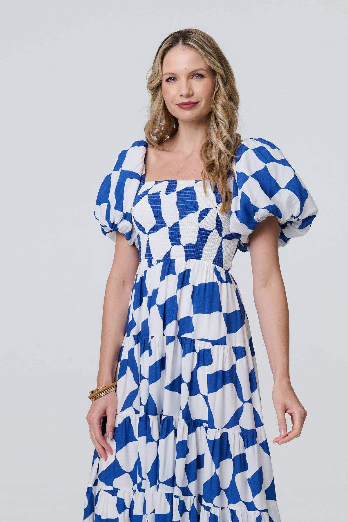 Printed Puff Sleeve Bardot Smock Midi Dress Styled View