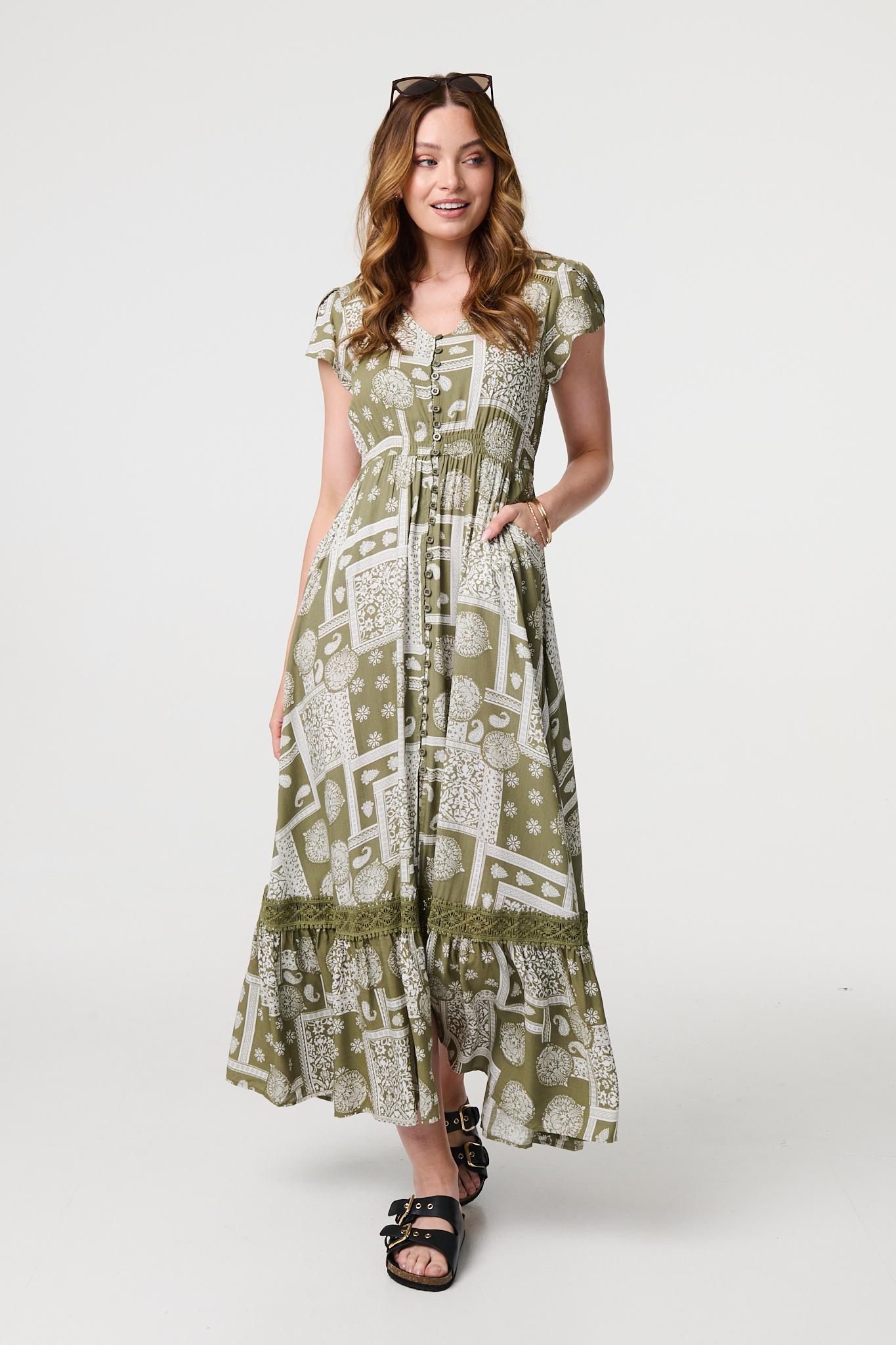 Printed V-Neck Cap Sleeve Maxi Dress Front View