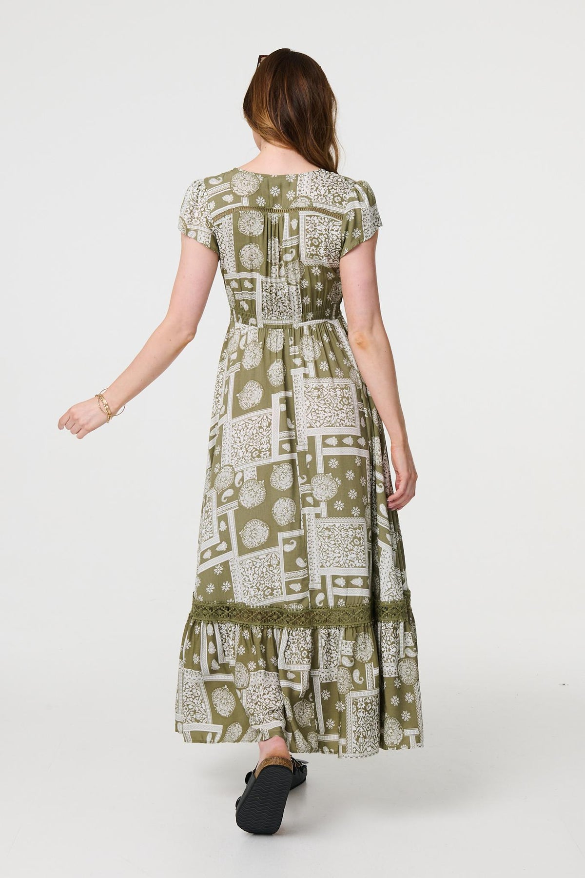 Printed V-Neck Cap Sleeve Maxi Dress Side View