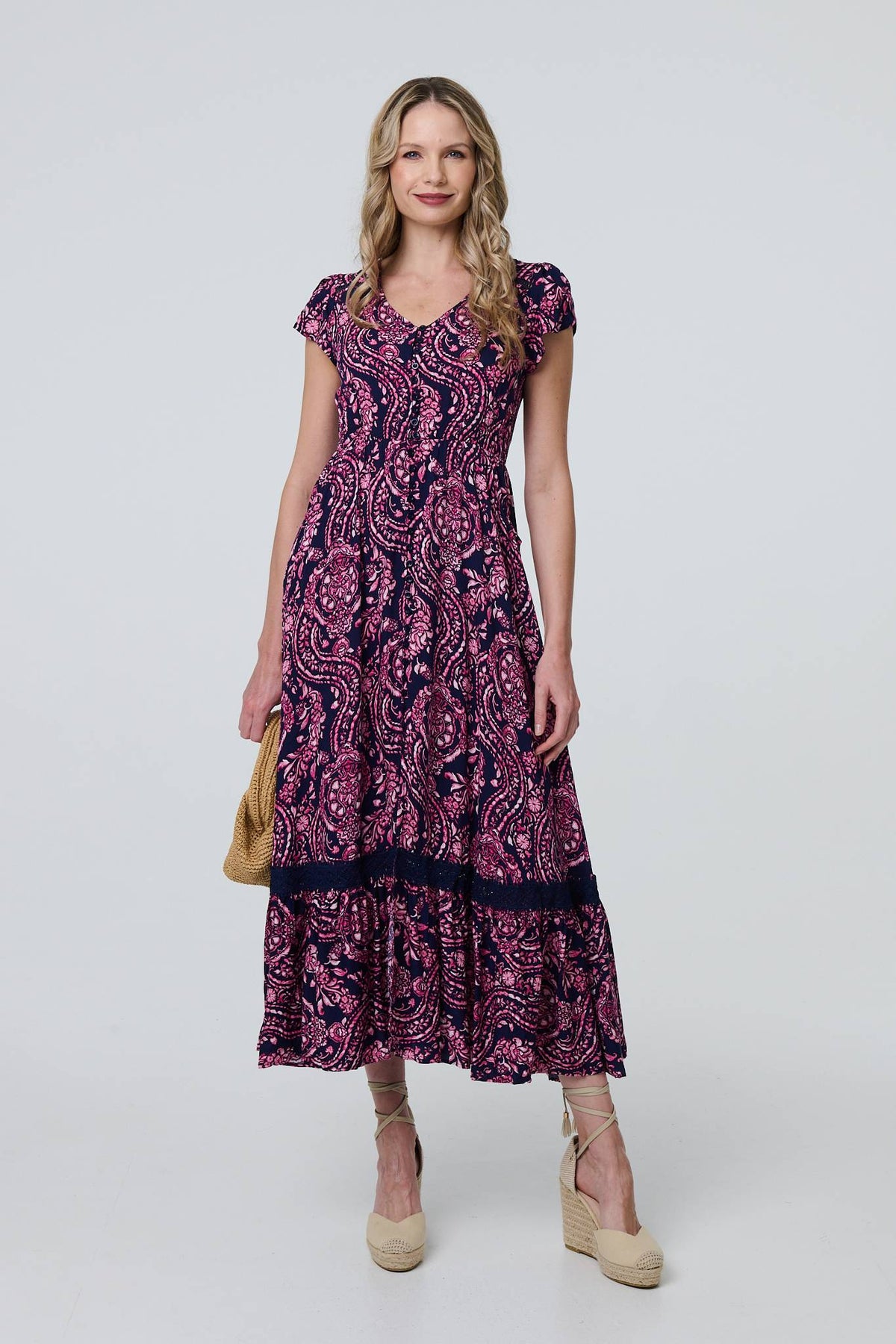 Paisley Cap Sleeve Lace Trim Maxi Dress Front View