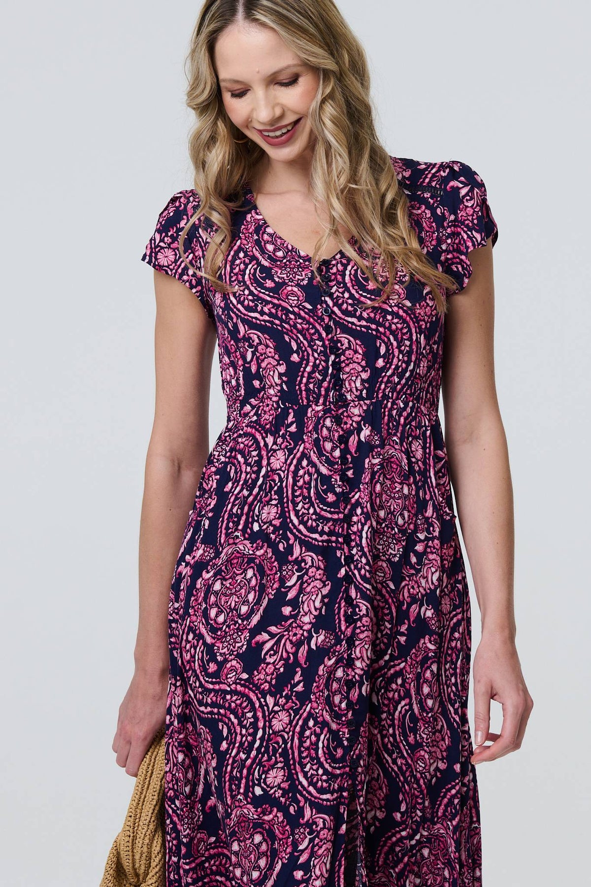 Paisley Cap Sleeve Lace Trim Maxi Dress Styled View