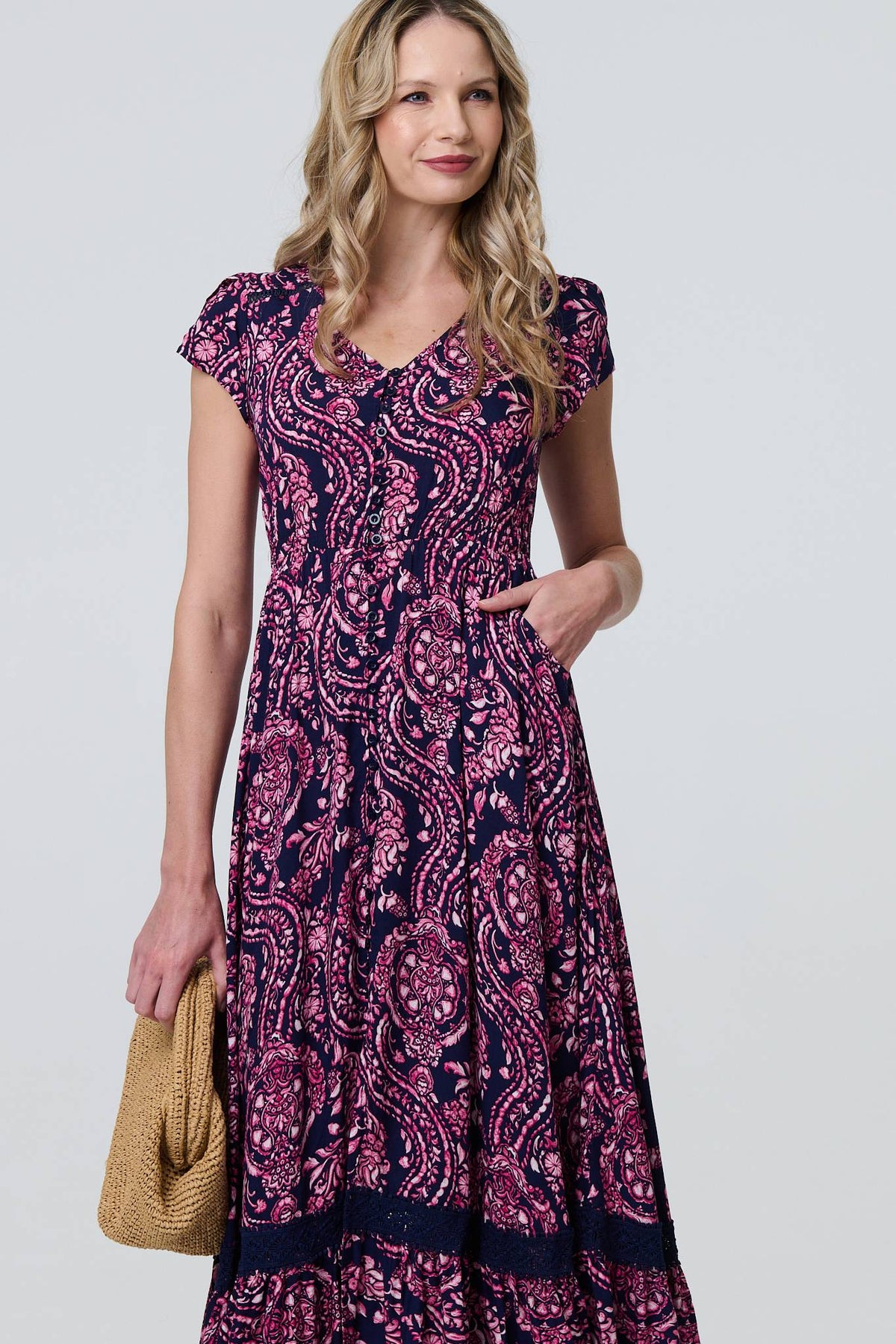 Paisley Cap Sleeve Lace Trim Maxi Dress Detail View