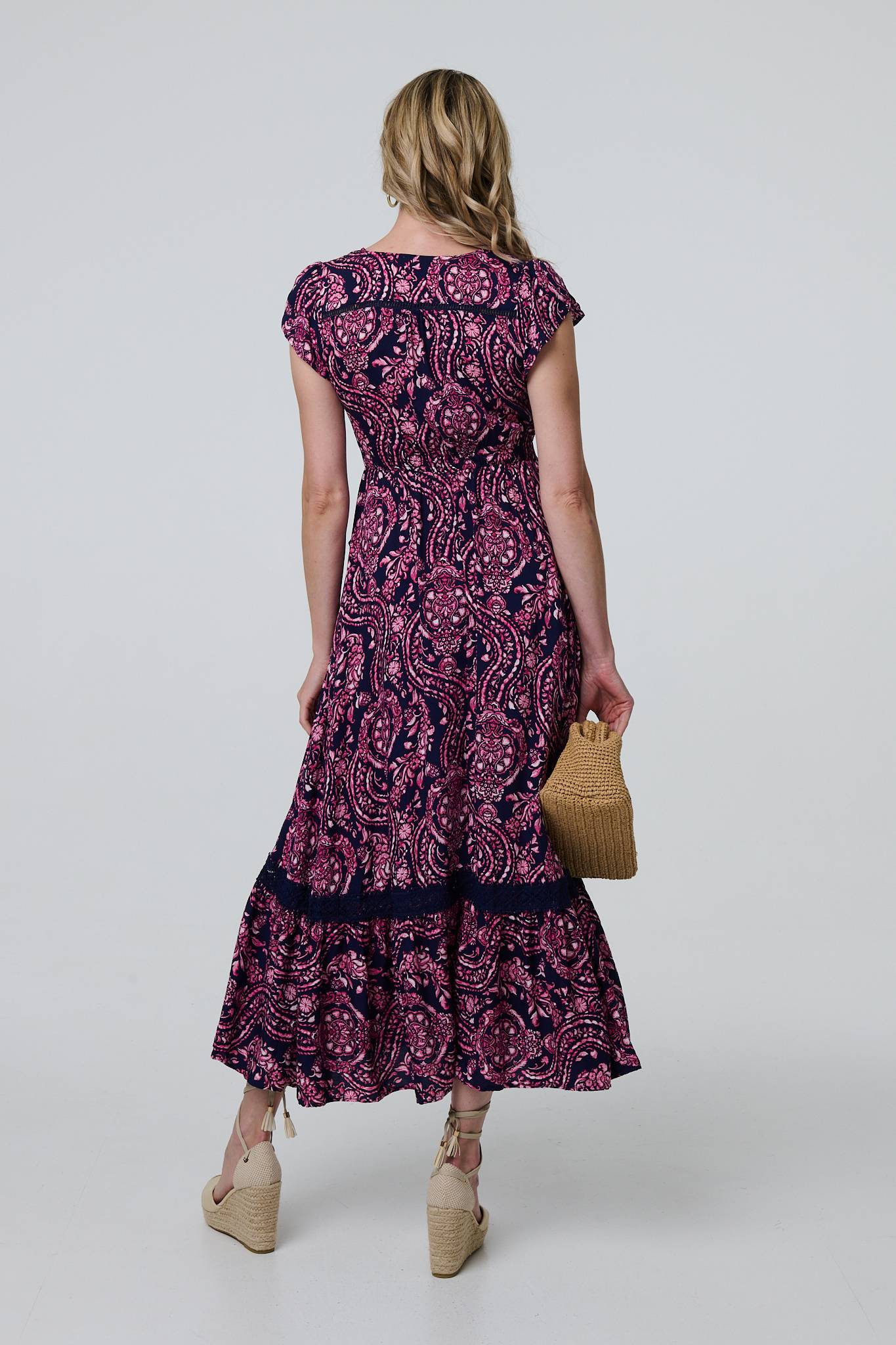 Paisley Cap Sleeve Lace Trim Maxi Dress Side View