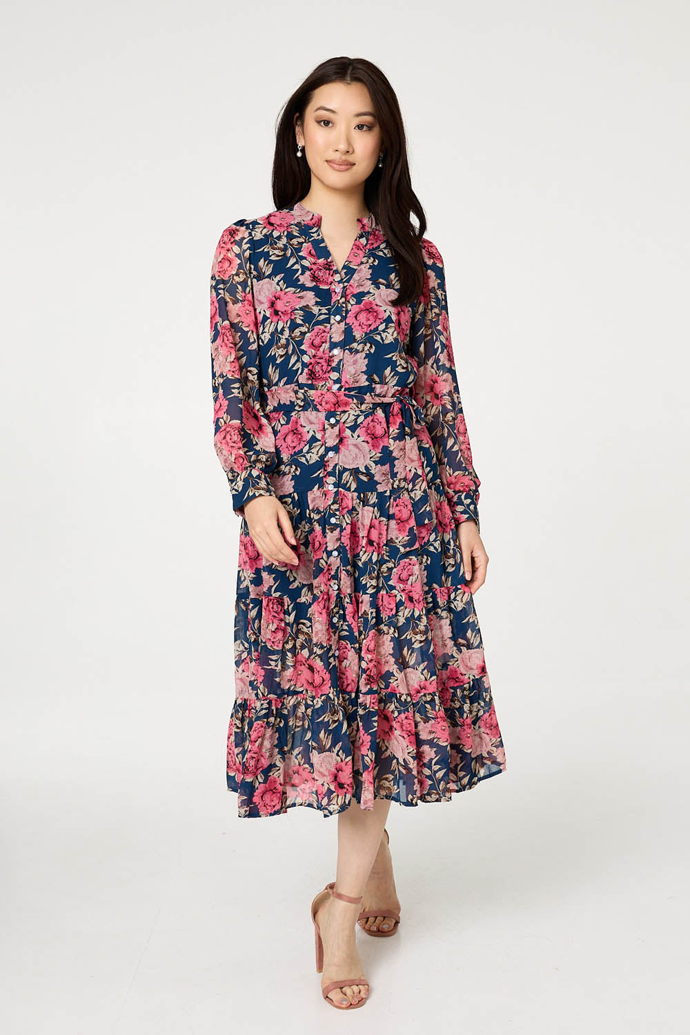 Floral Tie Waist Relaxed Tier Midi Dress Front View