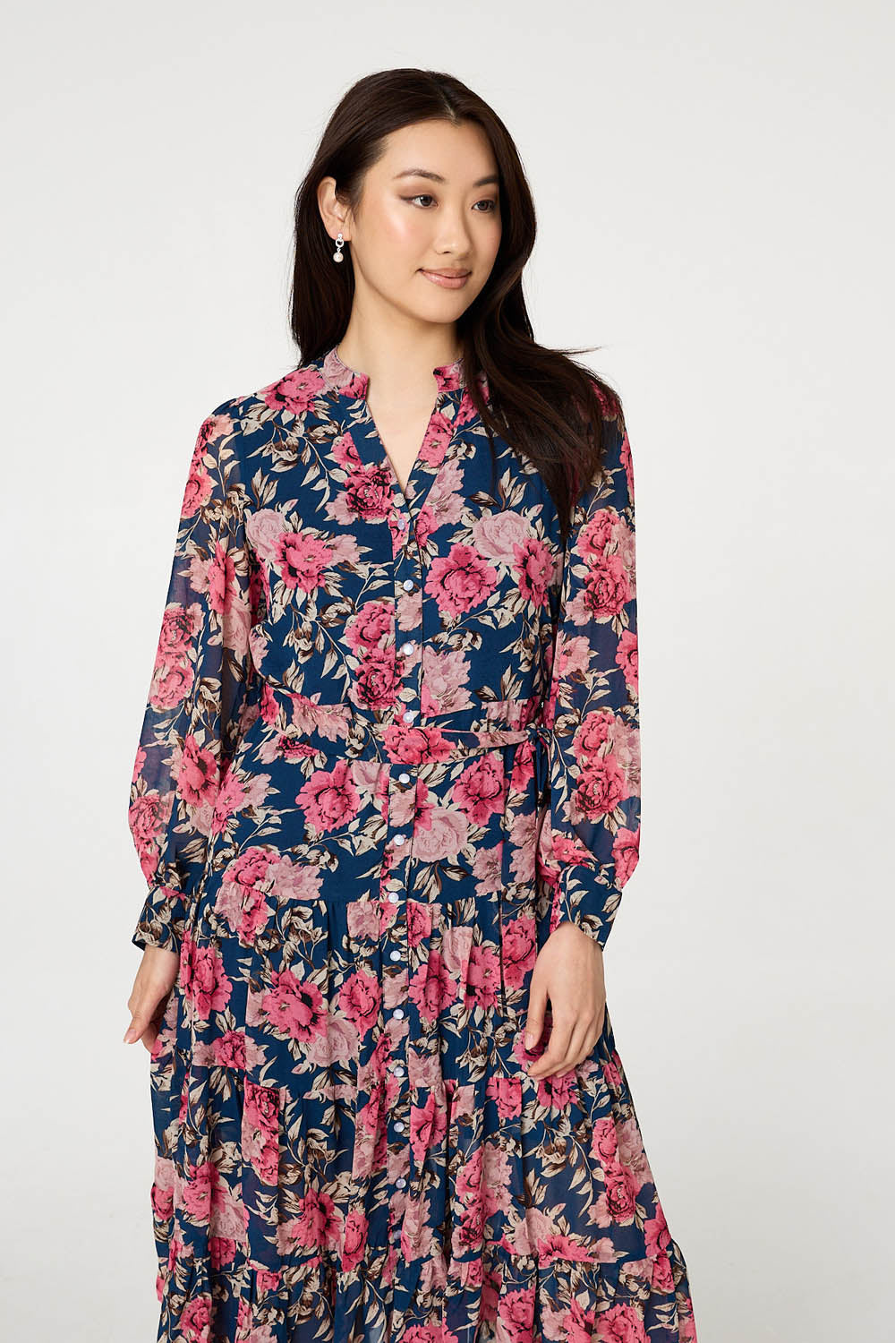 Floral Tie Waist Relaxed Tier Midi Dress Back View
