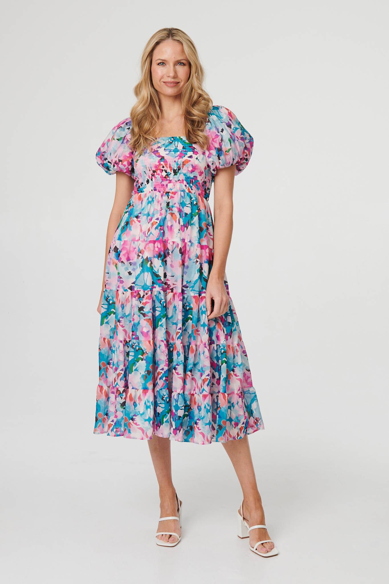 Abstract Puff Sleeve Shirred Midi Dress Back View