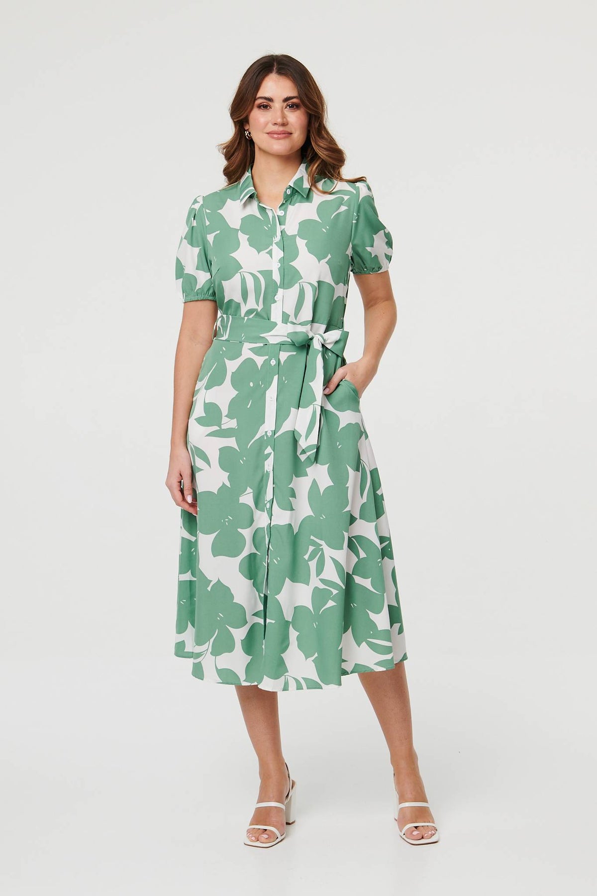 Abstract Floral Tie Waist Midi Dress Front View