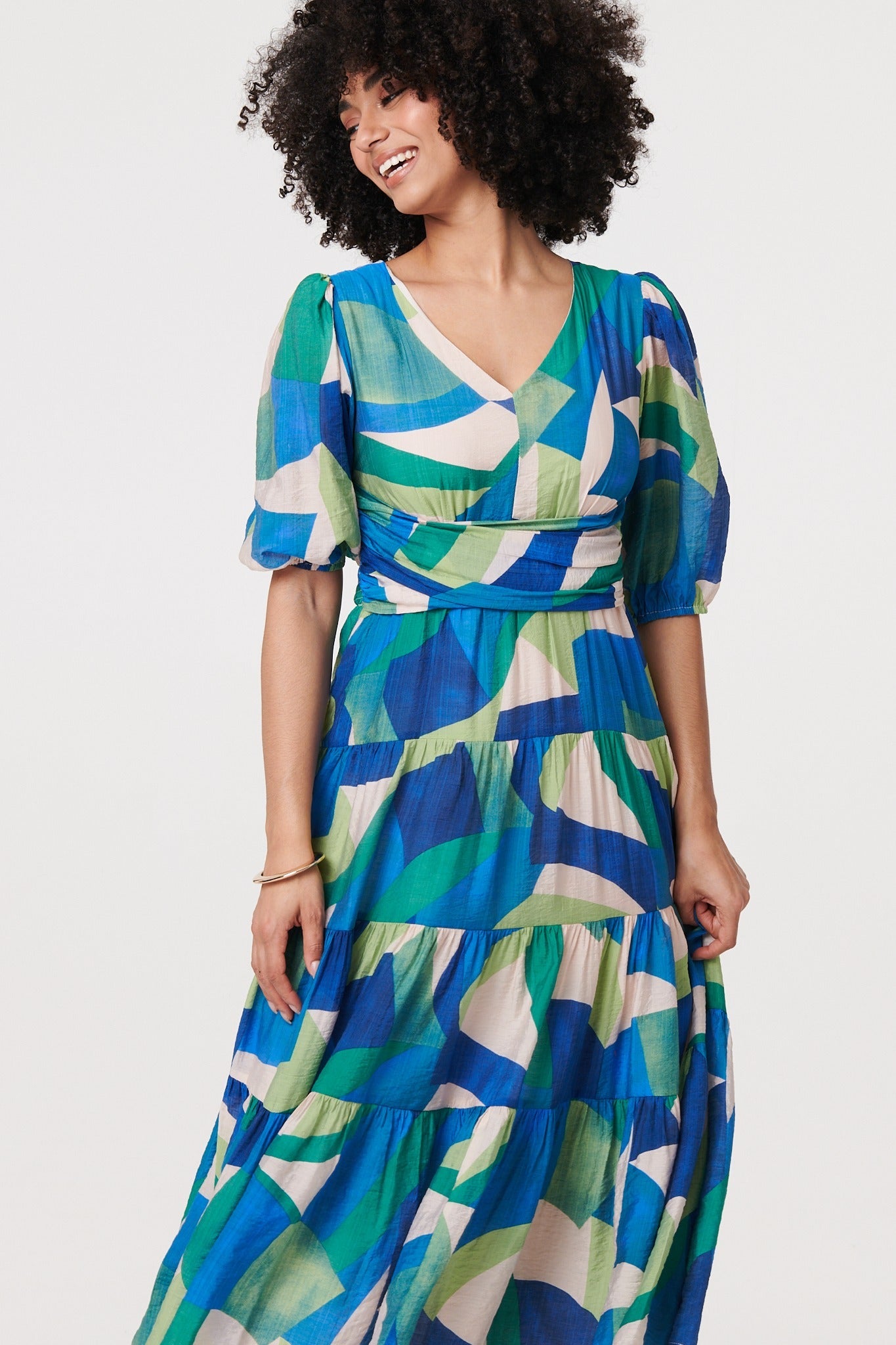 Abstract Ruched 1/2 Sleeve Midi Dress Full Length View
